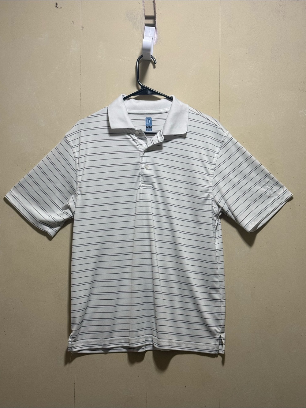 PGA Tour White Golf Polo Striped Short Sleeve Shirt Men’s Sz M